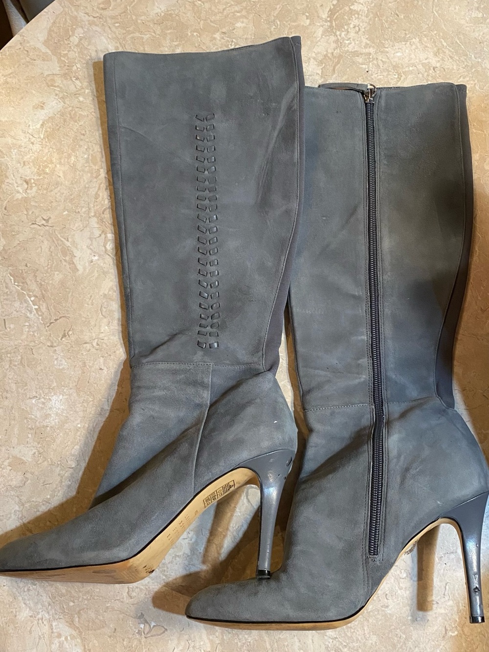 White House Black Market Gray Suede Over-the-Knee Stiletto Boots with Side Zip